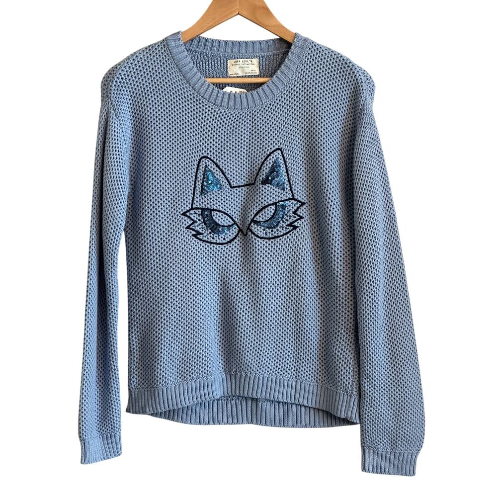 Zara Girls Blue Sequin Fox Chunky Knit Sweater NWT 13-14